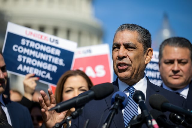 Rep. Adriano Espaillat, D-N.Y., speaks during a Congressional Hispanic Caucus news conference at the House Triangle on Feb. 26, 2025.
