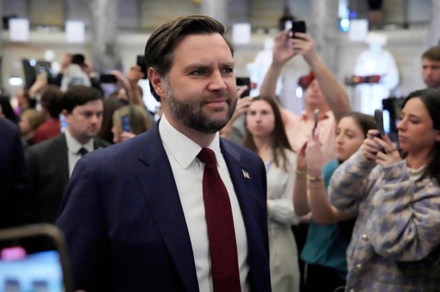 Vice President JD Vance arrives before President Donald Trump addresses a joint session of Congress at the Capitol in Washington, Tuesday, March 4, 2025. (AP Photo/Ben Curtis)