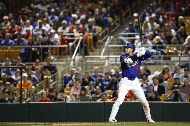 Shohei Ohtani #17 of the Los Angeles Dodgers waits for a pitch in the fifth inning during a spring training game against the Cincinnati Reds at Camelback Ranch on March 4, 2025 in Glendale, Arizona.