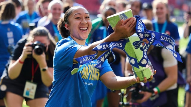 Chelsea’s Lauren James celebrates the club winning their seventh WSL title last May
