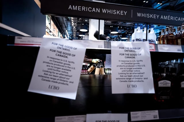 Empty American whiskey shelves in Toronto, Ontario