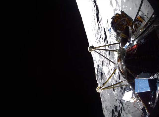 Intuitive Machine’s Athena lander 33 feet (10 meters) above the lunar surface as it descended March 6. Credit: Intuitive Machines