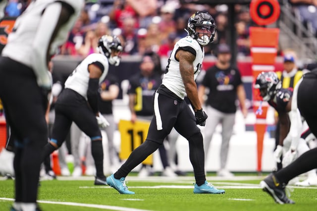 HOUSTON, TX - SEPTEMBER 29: Christian Kirk #13 of the Jacksonville Jaguars lines up before the snap during an NFL football game against the Houston Texans at NRG Stadium on September 29, 2024 in Houston, Texas.