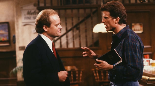 CHEERS -- &#34;Swear to God&#34; Episode 2 -- Air Date 11/03/1988 -- Pictured: (l-r) Kelsey Grammer as Dr. Frasier Crane, Ted Danson as Sam Malone