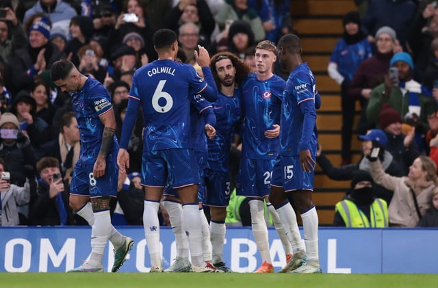 Soccer Football - Premier League - Chelsea v Fulham - Stamford Bridge, London, Britain - December 26, 2024 Chelsea's Cole Palmer celebrates scoring their first goal with teammates REUTERS/Hannah Mckay/File Photo