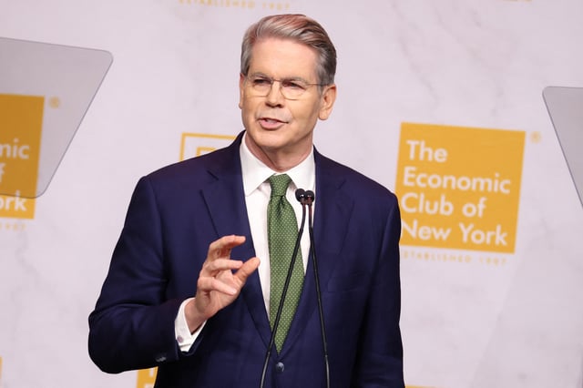US Secretary of Treasury Scott Bessent addresses the Economic Club of New York on March 6, 2025. Bessent said he was not concerned that President Donald Trump&#39;s tariffs would be inflationary, adding that any impact on prices would likely be temporary.&#34; The (Trump) economic program is a whole-of-government, holistic program,&#34; Bessent said. &#34;Across a continuum, I&#39;m not worried about inflation.&#34;