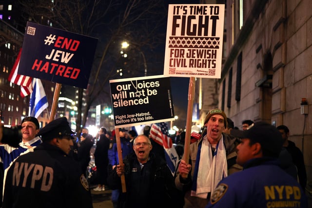 Pro-Jewish protesters gather outside the campus of Columbia University in New York City on March 4, 2025. US President Donald Trump said on March 4 that he will cut funding for schools that allow &#34;illegal protests,&#34; his latest threat to turn off the flow of federal money to the country&#39;s education system.