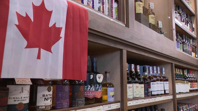 A Canadian flag letting people know where they can find Canadian wines at Calgary's Kensington Wine Market.