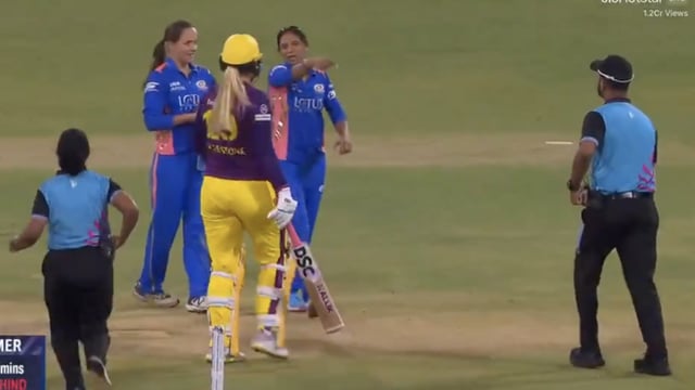 Harmanpreet Kaur and Sophie Ecclestone clash during the WPL 2025