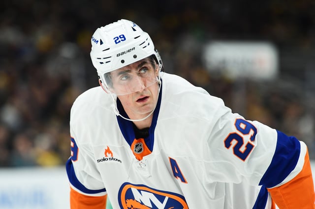 Feb 27, 2025; Boston, Massachusetts, USA;New York Islanders center Brock Nelson (29) gets set for a face-off  during the second period against the Boston Bruins at TD Garden. Mandatory Credit: Bob DeChiara-Imagn Images/File Photo