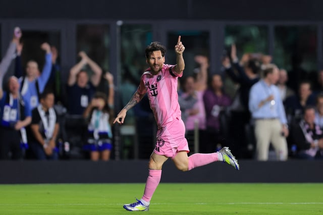 Feb 25, 2025; Fort Lauderdale, Florida, USA; Inter Miami CF forward Lionel Messi (10) celebrates after scoring against Sporting Kansas City during the first half in Round One of the 2025 Concacaf Champions Cup at Chase Stadium. Mandatory Credit: Sam Navarro-Imagn Images/File Photo