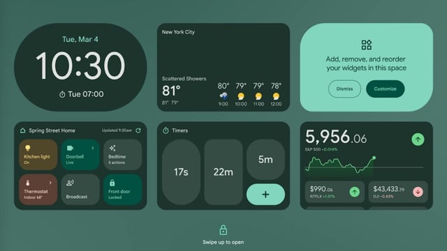 Users will be able to set widgets for Clock, Weather, Stocks, Timers, and more