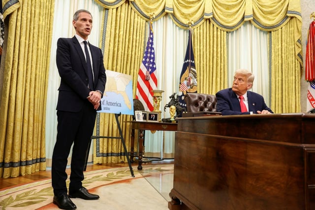 Le président Donald Trump et le patron de la CMA CGM Rodolphe Saadé, à la Maison-Blanche, le 6 mars 2025.
