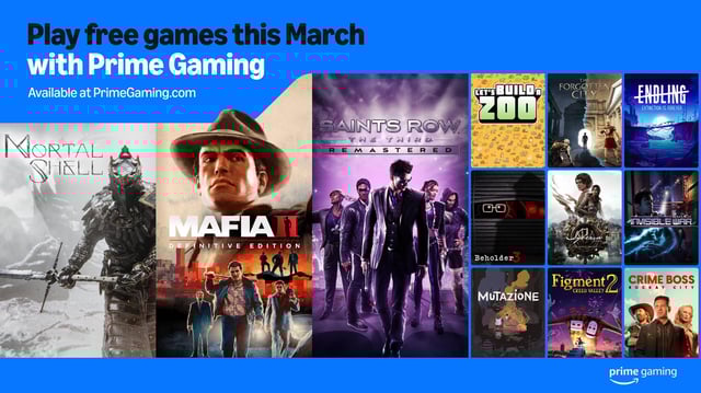 A poster with several game covers featured in Prime Gaming’s March 2025 line-up.