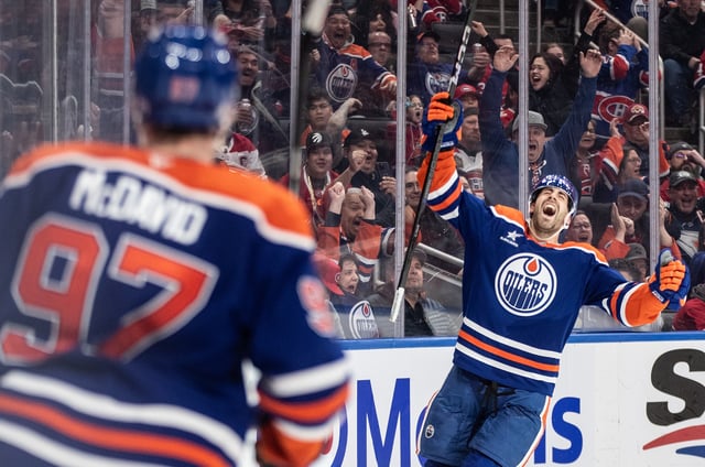 Edmonton Oilers' Evan Bouchard (2) celebrates his game-winning goal against the Montreal Canadiens during overtime NHL action in Edmonton on Thursday, March 6, 2025.
