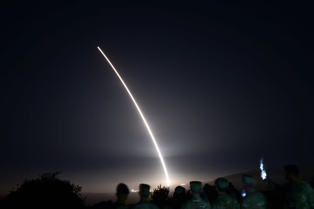 An Air Force Global Strike Command unarmed Minuteman III intercontinental ballistic missile launches during an operational test on Aug. 11, 2021, at Vandenberg Space Force Base, Calif.