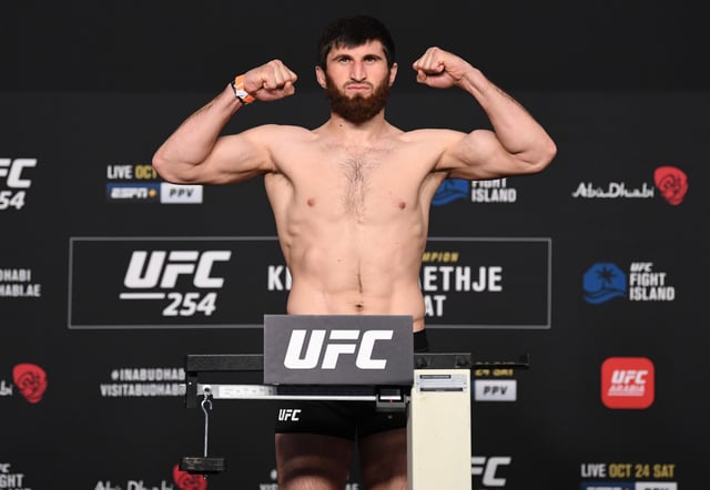 Magomed Ankalaev of Russia poses on the scale during the UFC 254 weigh-in on October 23, 2020 on UFC Fight Island, Abu Dhabi, United Arab Emirates.