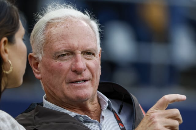 Aug 24, 2024; Seattle, Washington, USA; Cleveland Browns owner Jimmy Haslam sits on the bench during pregame warmups against the Seattle Seahawks at Lumen Field. Mandatory Credit: Joe Nicholson-USA TODAY Sports/File Photo