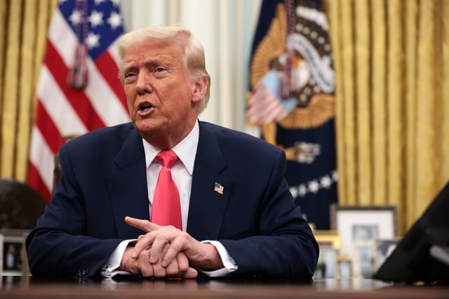 U.S. President Donald Trump speaks in the Oval Office of the White House on March 06, 2025 in Washington, DC before signing an executive order terminating the security clearances of those who work at the law firm Perkins Coie.