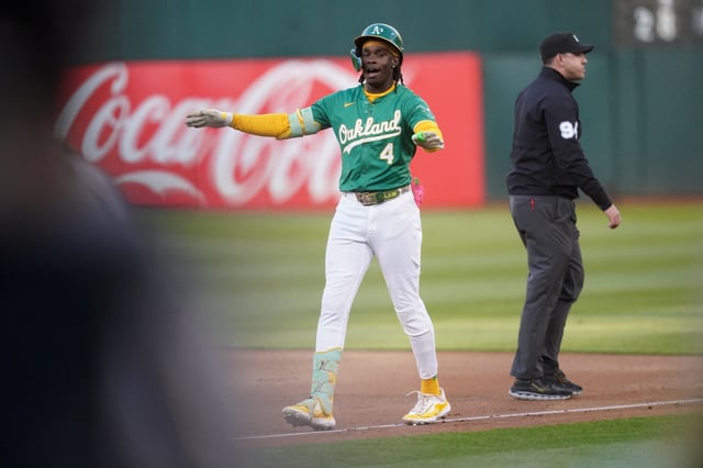 Sep 21, 2024; Oakland, California, USA; Oakland Athletics outfielder Lawrence Butler (4) reacts after hitting a single against the New York Yankees in the first inning at the Oakland-Alameda County Coliseum. Mandatory Credit: Cary Edmondson-Imagn Images/File Photo
