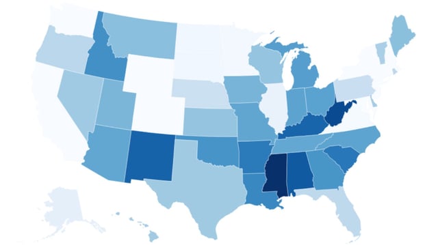 A map to show the federal medical assistance percentage in each state for Medicaid.