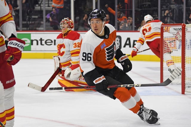 Mar 4, 2025; Philadelphia, Pennsylvania, USA; Philadelphia Flyers left wing Andrei Kuzmenko (96) celebrates his goal against Calgary Flames goaltender Dustin Wolf (32) during the first period at Wells Fargo Center. Mandatory Credit: Eric Hartline-Imagn Images/File Photo