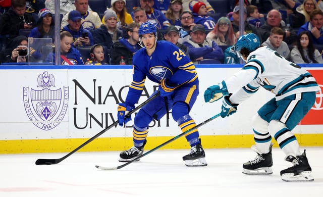 Mar 4, 2025; Buffalo, New York, USA;  Buffalo Sabres center Dylan Cozens (24) looks to make a pass as San Jose Sharks defenseman Mario Ferraro (38) defends during the second period at KeyBank Center. Mandatory Credit: Timothy T. Ludwig-Imagn Images/File Photo