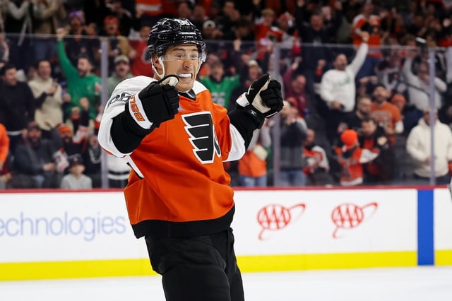Andrei Kuzmenko, seen after scoring a goal for the Philadelphia Flyers against the Edmonton Oilers on Feb. 22, 2025 in Philadelphia, has been acquired by the Kings. (Photo by Scott Taetsch/Getty Images)