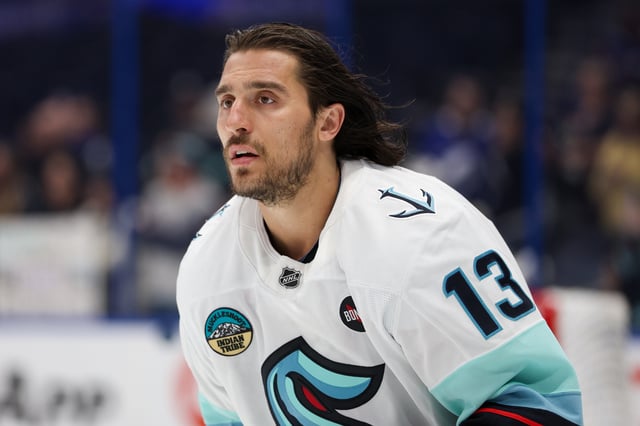 Feb 23, 2025; Tampa, Florida, USA; Seattle Kraken left wing Brandon Tanev (13) warms up before a game against the Tampa Bay Lightning at Amalie Arena. Mandatory Credit: Nathan Ray Seebeck-Imagn Images/File Photo