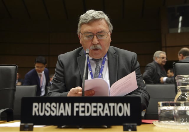 Russian Permanent Representative to the IAEA Mikhail Ulyanov attends an IAEA Board of Governors meeting in Vienna, Austria, Monday, February 6, 2023.