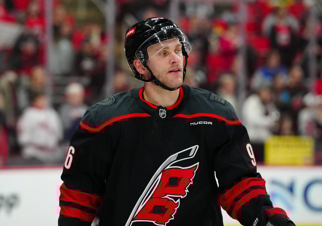 Mar 6, 2025; Raleigh, North Carolina, USA;  Carolina Hurricanes right wing Mikko Rantanen (96) looks on during the warmups before the game against the Boston Bruins at Lenovo Center. Mandatory Credit: James Guillory-Imagn Images/File Photo