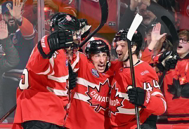 Colton Parayko #55, Seth Jarvis #24, Brad Marchand #63 and Josh Morrissey #44 of Team Canada celebrate Marchand&#39;s first period goal against Team Sweden in the NHL 4 Nations Face-Off at Bell Centre on February 12, 2025 in Montreal, Quebec.
