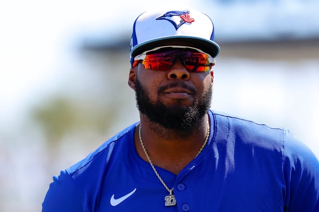 DUNEDIN, FLORIDA - FEBRUARY 28: Vladimir Guerrero Jr. #27 of the Toronto Blue Jays walks on the field prior to a spring training game against the Detroit Tigers at TD Ballpark on February 28, 2025 in Dunedin, Florida.