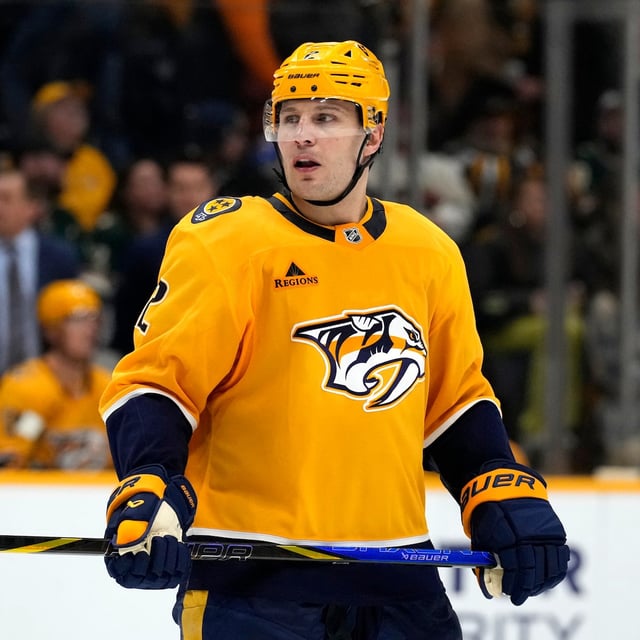 Nashville Predators defenceman Luke Schenn plays against the Minnesota Wild during the second period of an NHL hockey game Saturday, Jan. 18, 2025, in Nashville, Tenn. (AP Photo/Mark Humphrey)