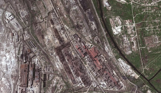 Maxar WorldView 3 image of Azovstal steel plant in Mariupol, Ukraine, captured on May 12, five days before Ukrainian forces evacuated the plant.