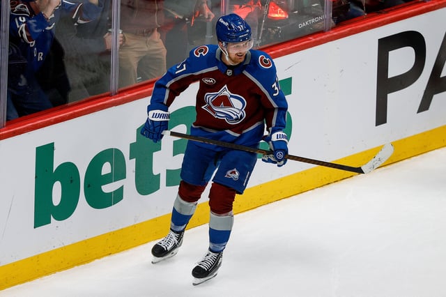 Feb 26, 2025; Denver, Colorado, USA; Colorado Avalanche center Casey Mittelstadt (37) reacts after his goal in the third period against the New Jersey Devils at Ball Arena. Mandatory Credit: Isaiah J. Downing-Imagn Images/File Photo