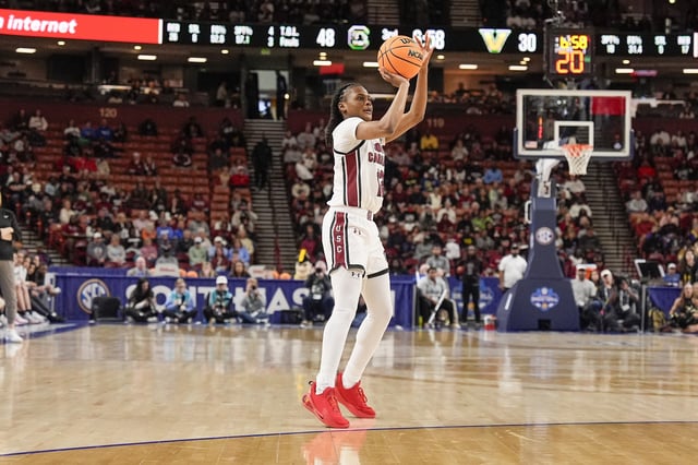 Mar 7, 2025; Greenville, SC, USA; South Carolina Gamecocks guard MiLaysia Fulwiley (12) shoots a jumper against the Vanderbilt Commodores  during the second half at Bon Secours Wellness Arena. Mandatory Credit: Jim Dedmon-Imagn Images