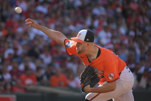 Orioles starter Grayson Rodriguez pitches against Phillies in the seventh inning. The O’s defeated the Phillies 6-2 at Oriole Park at Camden Yards. (Kenneth K. Lam/Staff)