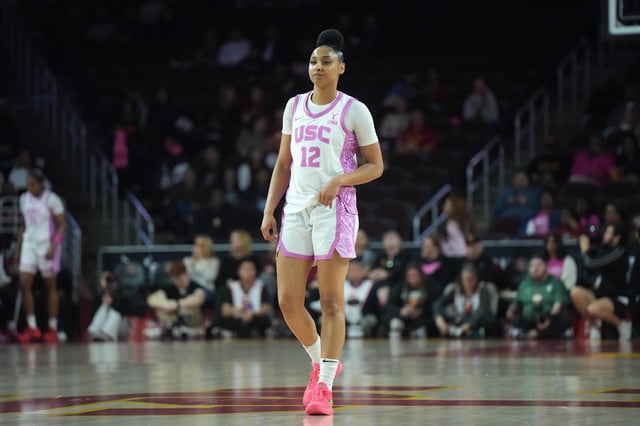 Feb 19, 2025; Los Angeles, California, USA; Southern California Trojans guard JuJu Watkins (12) reacts in the second half against the Michigan State Spartans at the Galen Center. Mandatory Credit: Kirby Lee-Imagn Images/File Photo