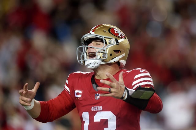 Brock Purdy of the San Francisco 49ers reacts after he ran the ball in for a touchdown against the Detroit Lions at Levi’s Stadium on Dec. 30, 2024, in Santa Clara, Calif.