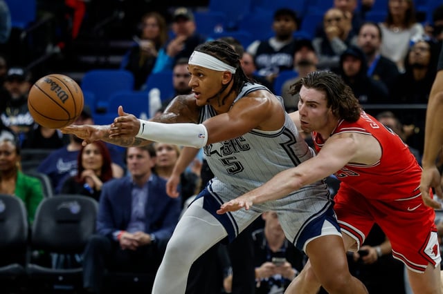 Orlando Magic forward Paolo Banchero (5) is defended by Chicago Bulls guard Josh Giddey, right, during the second half of an NBA basketball game, Thursday, March 6, 2025, in Orlando, Fla. (AP Photo/Kevin Kolczynski)
