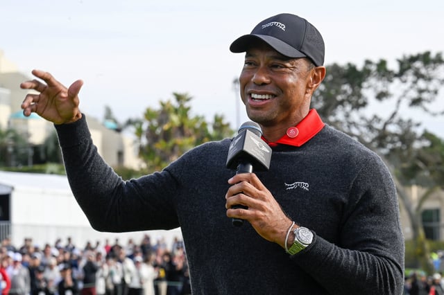 Feb 16, 2025; San Diego, California, USA; Tiger Woods speaks at The Genesis Invitational golf tournament at Torrey Pines. Mandatory Credit: Denis Poroy-Imagn Images/File Photo
