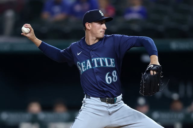Sep 20, 2024; Arlington, Texas, USA; Seattle Mariners pitcher George Kirby (68) pitches against the Texas Rangers in the first inning at Globe Life Field. Mandatory Credit: Tim Heitman-Imagn Images/File Photo