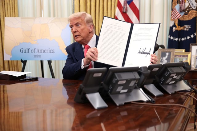 President Donald Trump signs executive orders in the Oval Office of the White House on March 6, 2025, in Washington, D.C.