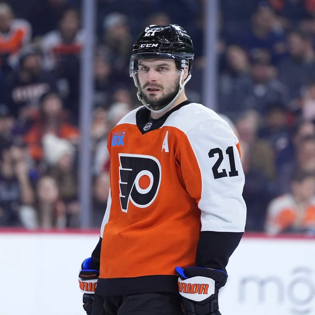 Philadelphia Flyers' Scott Laughton plays during an NHL hockey game Thursday, March 6, 2025, in Philadelphia. (AP Photo/Matt Slocum)