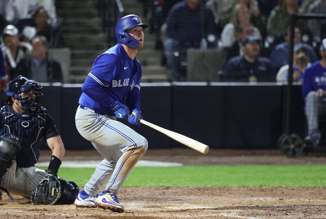 Mar 7, 2025; Tampa, Florida, USA; Toronto Blue Jays second base Will Wagner (7) hits a RBI double during the fifth inning against the New York Yankees at George M. Steinbrenner Field. Mandatory Credit: Kim Klement Neitzel-Imagn Images