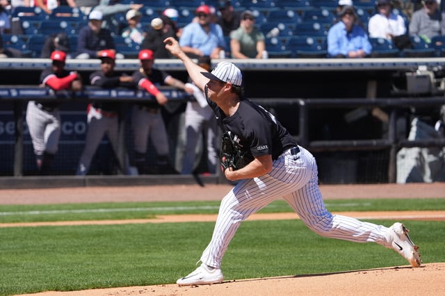 Mar 6, 2025; Tampa, Florida, USA;New York Yankees pitcher Gerrit Cole (45) throws a pitch against the Minnesota Twins during the first inning  at George M. Steinbrenner Field. Mandatory Credit: Dave Nelson-Imagn Images/File Photo
