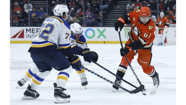 Ducks winger Cutter Gauthier, right, is blocked as he attempts to score by St. Louis Blues defenseman Justin Faulk, left, and center Radek Faksa during the third period on Friday night at the Honda Center. The Ducks lost, 4-3. (AP Photo/Etienne Laurent)