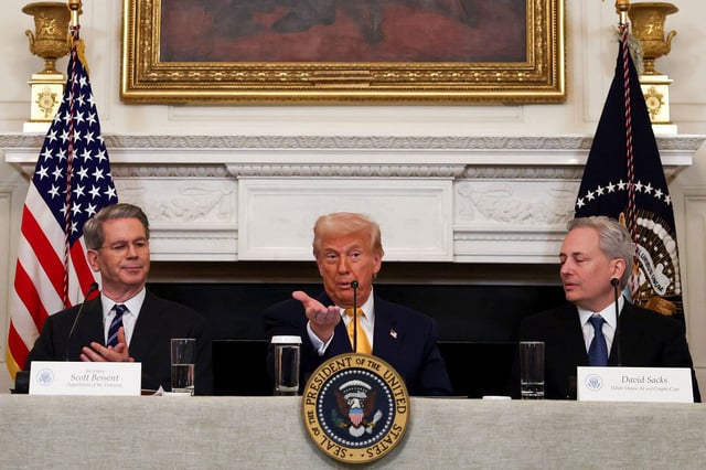 President Trump, flanked by crypto czar David Sacks (right) and Treasury Secretary Scott Bessent, at Friday's White House crypto summit.