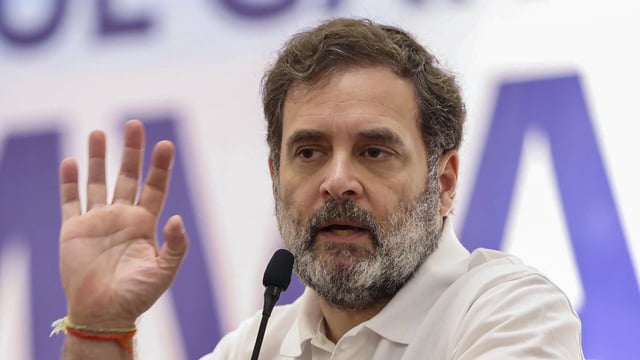Congress leader Rahul Gandhi addresses party workers in Ahmedabad on March 8, 2025.